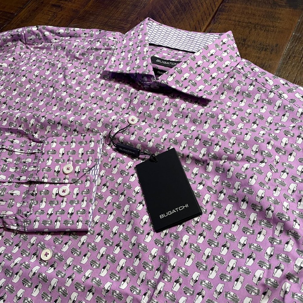Bugatchi Men's Purple Orchid White Sailor Hat Long Sleeve Button Down